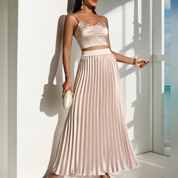 Tops - Solid Ruched Cami Top & Pleated Skirt For Dinner Party